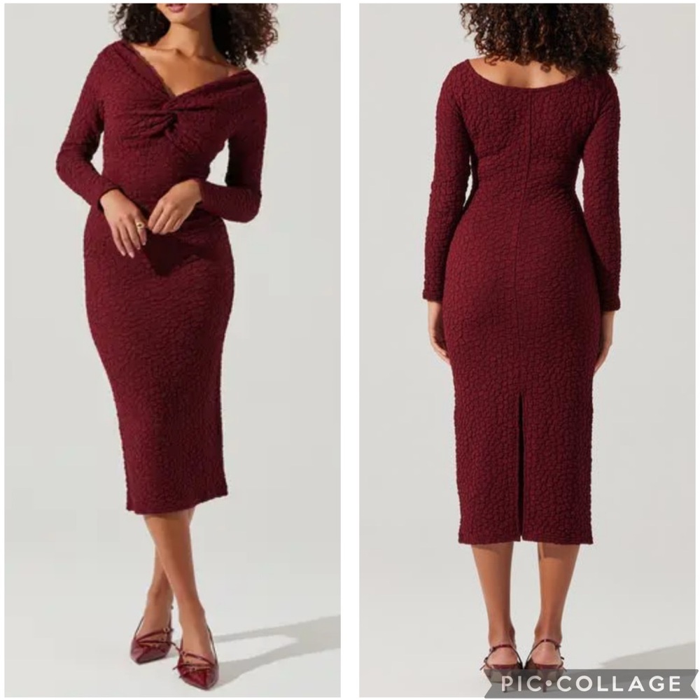 ASTR The Label Textured Twist‎ Front Midi Dress Wine Red Burgundy M